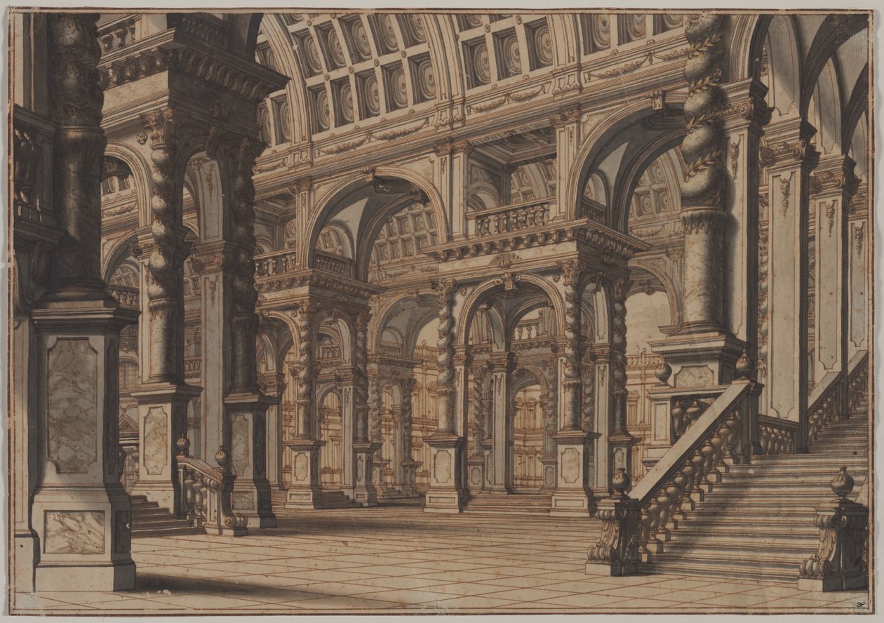 Monumentális boltíves terem lépcsővel, 18. század második negyede. alkotó: Giuseppe Galli Bibiena