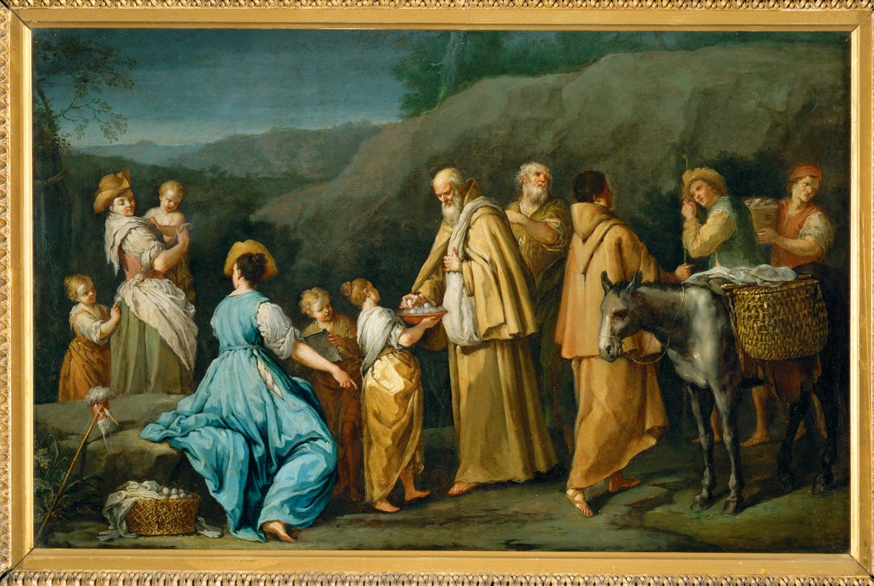 Religieux queteurs a qui une jeune fille donne des oefs - Mendicant friars to whom a little girl offers eggs ... alkotó: Giuseppe Gambarini