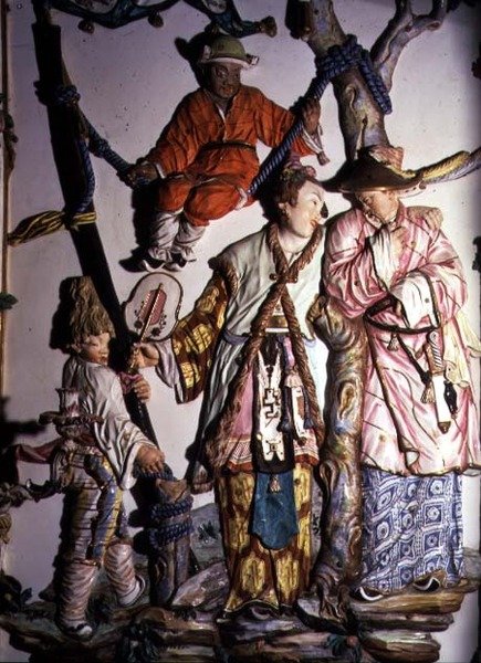 A Salon Chino (kínai szoba) egy kínai házaspár figuráit és játszó gyerekeket ábrázoló részlet, 1769 (porcelán) (lásd még: 93237, 93239) alkotó: Giuseppe Gricci