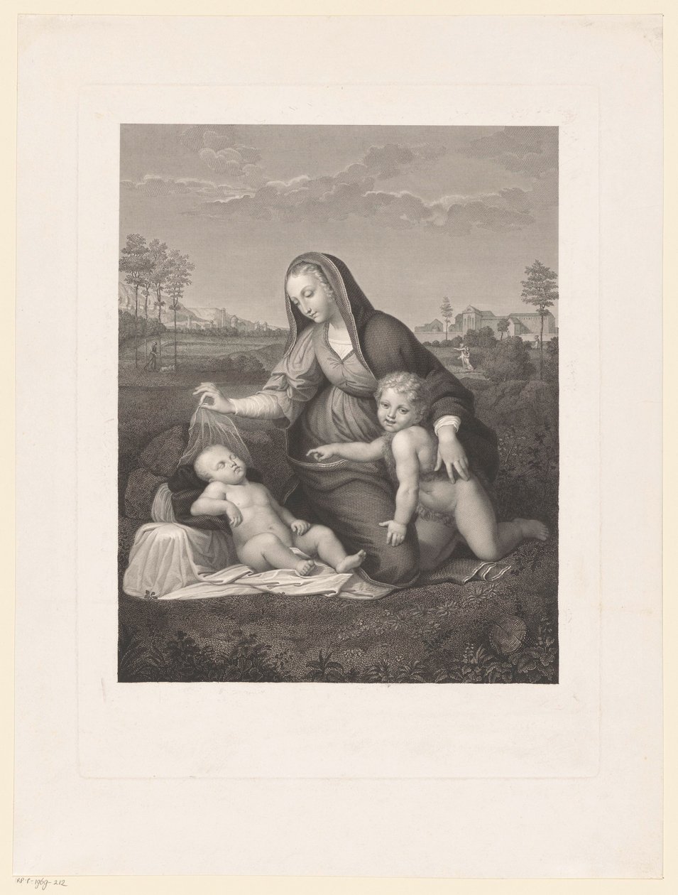 Mária és gyermeke és az ifjú Keresztelő János egy tájban Madonna del Velo alkotó: Giuseppe Longhi