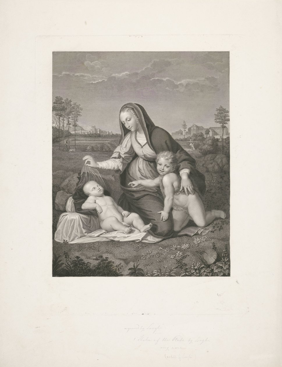 Mária gyermekével és az ifjú Keresztelő János egy tájban Madonna del Velo alkotó: Giuseppe Longhi