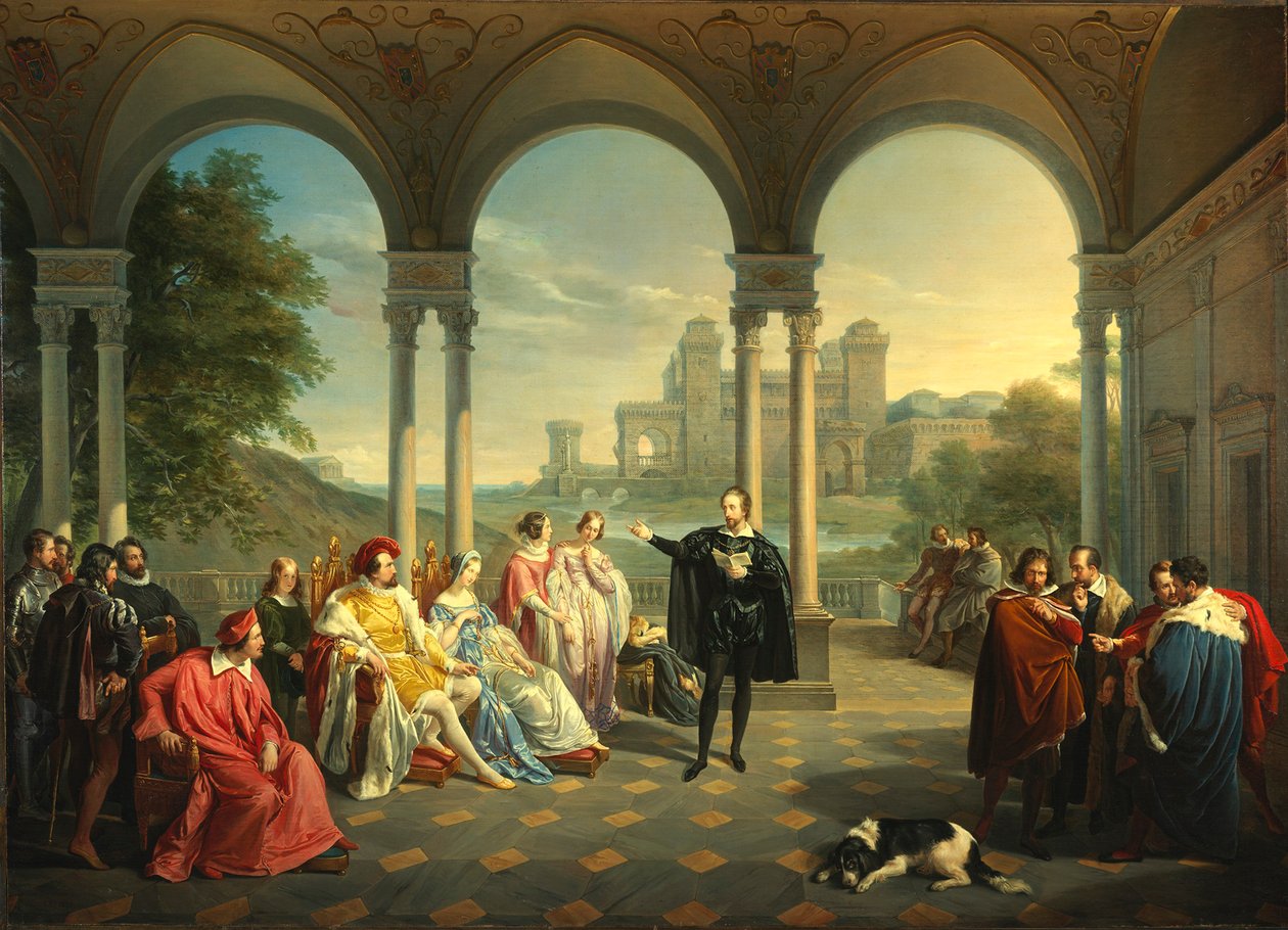 Torquato Tasso a La Gerusalemme Liberata-t olvassa a ferrarai udvarban, 1841. alkotó: Giuseppe Mancinelli