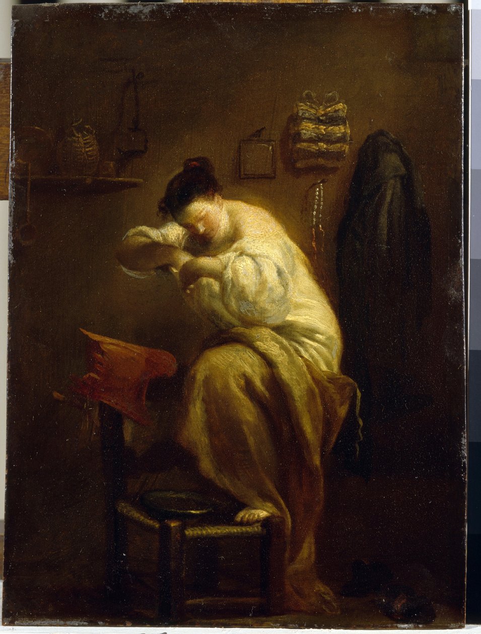 Nő bolhákat keres. (Bolhákat kereső nő). Giuseppe Maria Crespi (1665-1747) festménye, olaj, vászon, 1710 körül. Olasz művészet (Bologna) alkotó: Giuseppe Maria Crespi