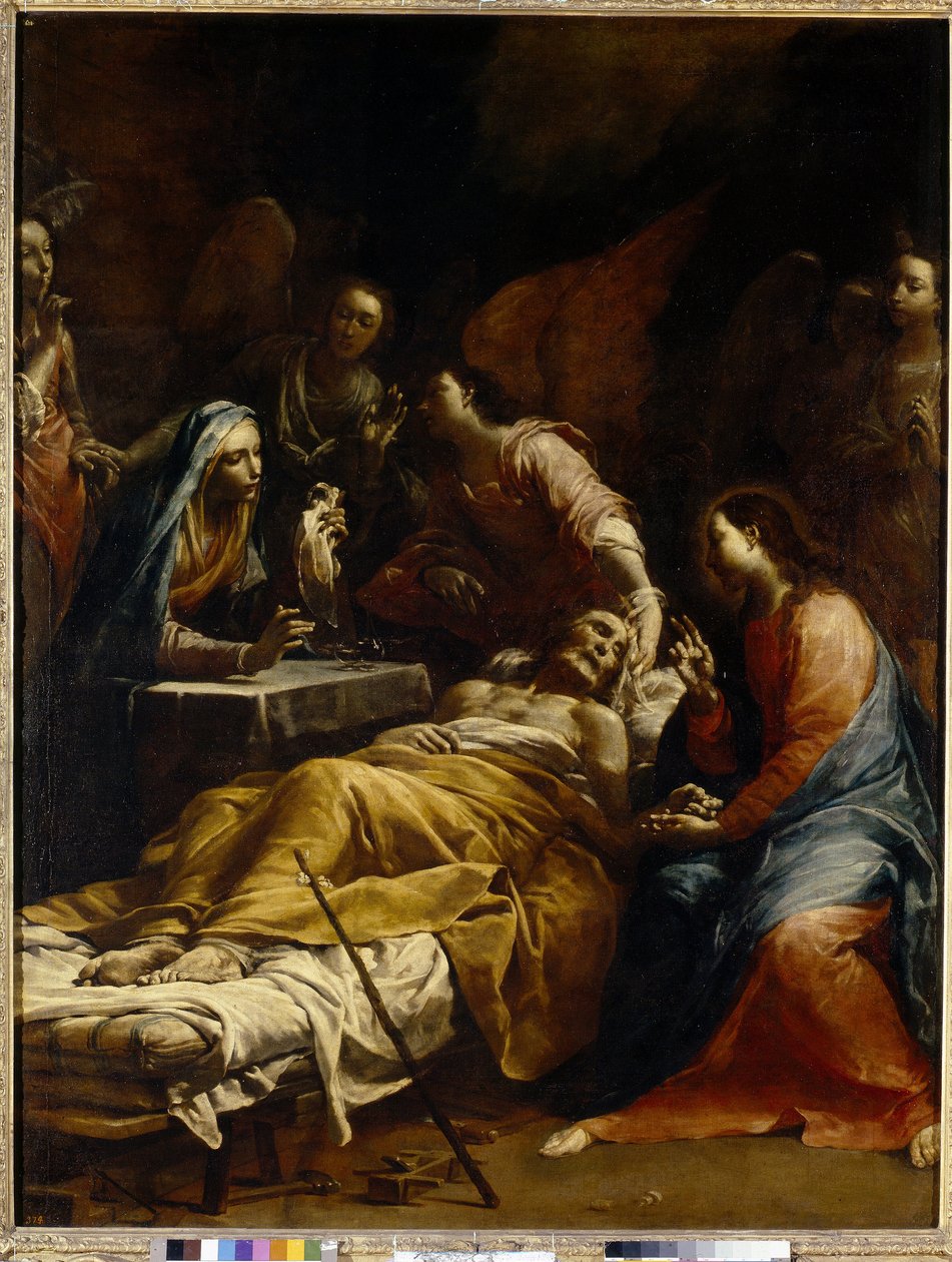 Szent József halála (Szent József halála). Öreg ember a halálos ágyán fekszik, körülvéve Szűz Máriával, őt megáldó Jézus Krisztus és az angyalok. Giuseppe Maria Crespi festménye, Lo Spagnolo (1665-1747), olaj, vászon, 1712 körül. Olasz művészet alkotó: Giuseppe Maria Crespi