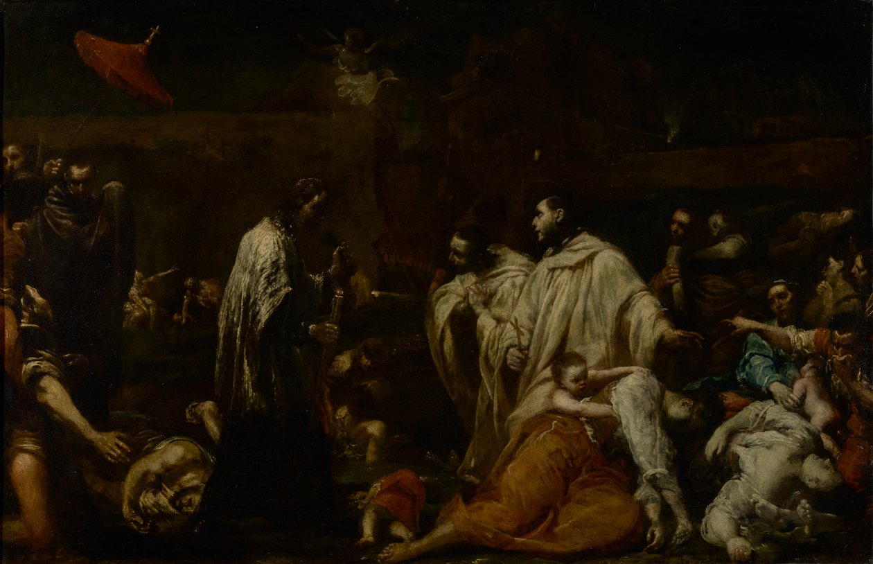 Boldog Bernard Tolomei közbenjár Sienában a pestisjárvány megállításáért, 1735 körül (olaj, réz) alkotó: Giuseppe Maria Crespi