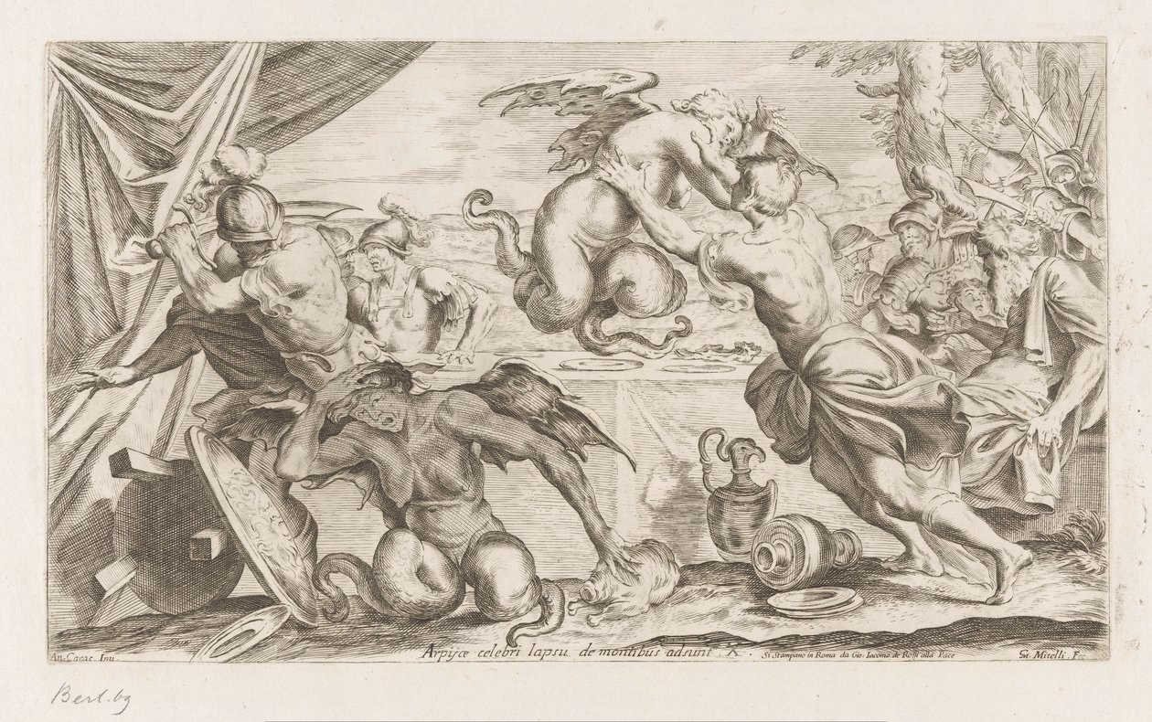 Aeneas és társai harcolnak a hárpiákkal Arpijae celebri lapsu de montibus adsunt (cím a tárgyon) Aeneas vándorlásai (sorozat címe) L