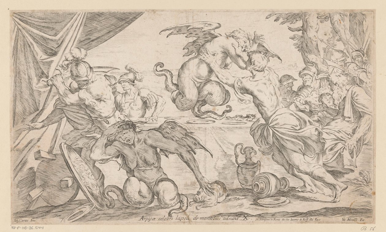Aeneas és társai harcolnak a hárpiákkal Arpijae celebri lapsu de montibus adsunt (cím a tárgyon) Aeneas vándorlásai (sorozat címe) L