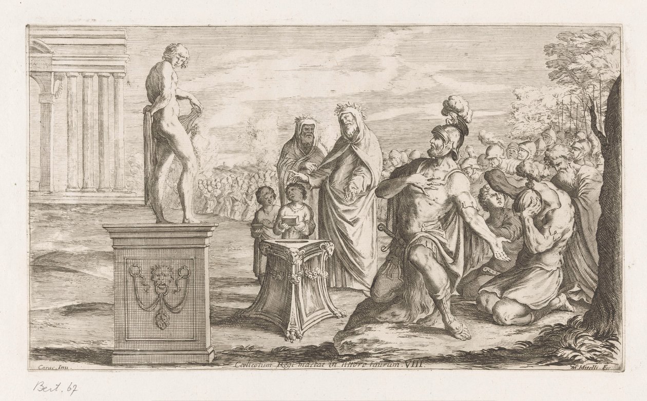 Aeneas felajánlja Apollónak Coelicolus király megöl egy bikát a tengerparton (cím a tárgyon) Omzwervingen van Aeneas (sorozat címe) L