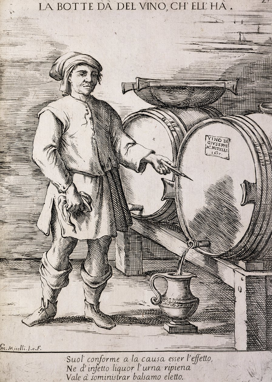 Hordó, amely bort tartalmaz, közmondás alkotó: Giuseppe Maria Mitelli