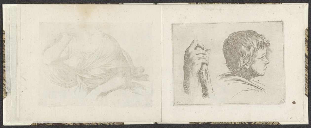 Kéz egy fából készült bottal és egy fiú fejével Rajzpéldák (sorozat címe) Mitelli mélynyomás (sorozat címe) alkotó: Giuseppe Maria Mitelli