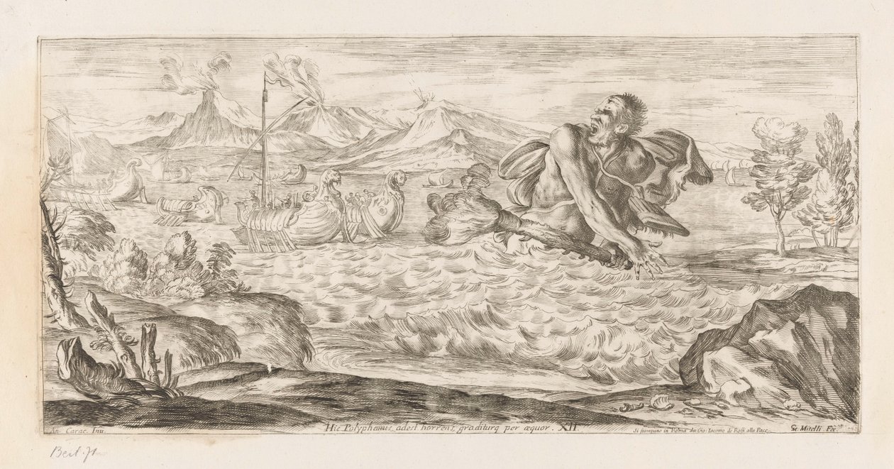 Polyphemus achtervolgt de vloot van Aeneas Itt Polyphemus van jelen, borzalmasan, a síkságon lépdelve (cím a tárgyon) Omzwervingen van Aeneas (sorozat címe) L