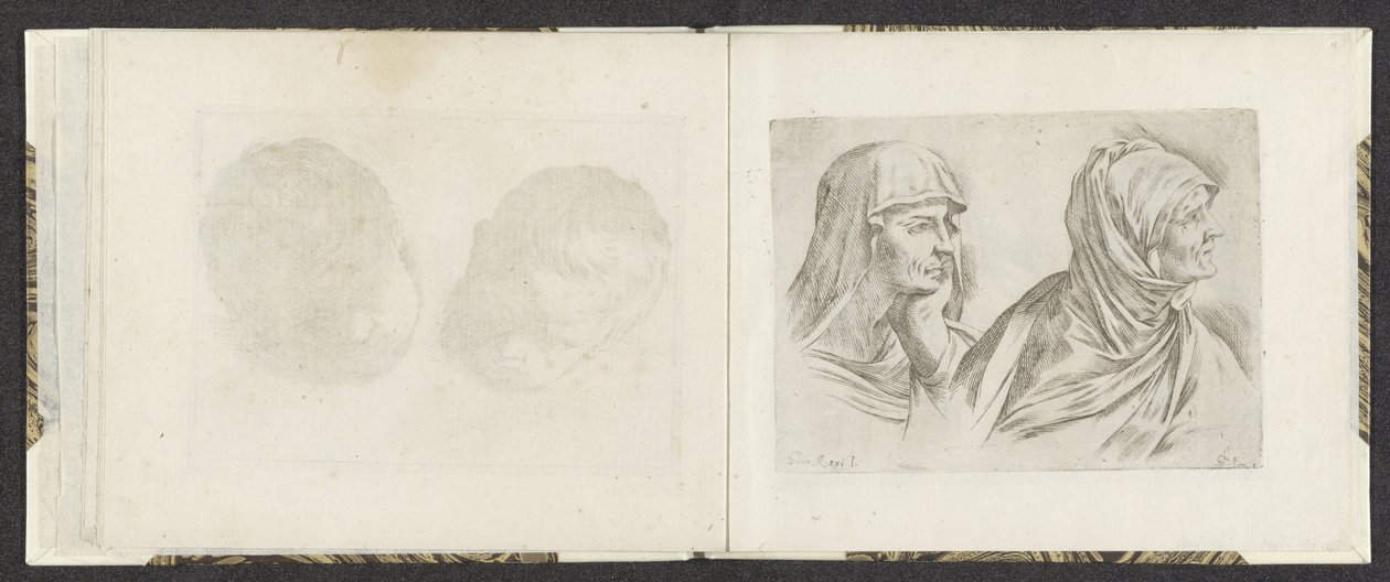 Két mellszobor idősebb nőkről jobbra Rajzpéldák (sorozat címe) Mitelli mélynyomás (sorozat címe) alkotó: Giuseppe Maria Mitelli