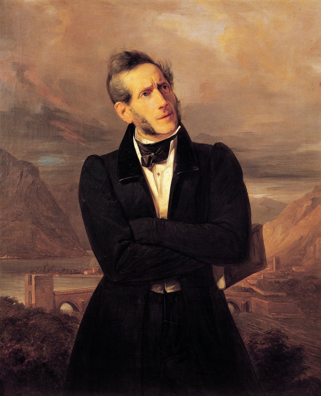 Alessandro Manzoni portréja Lecco látképével, Giuseppe Molteni (1800-1867) festménye, Massimo d