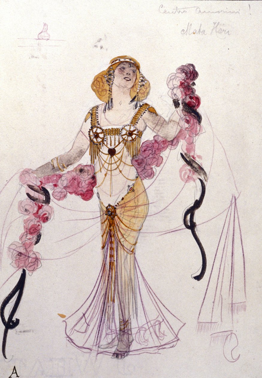 Mata Hari jelmez, amelyet Giuseppe Palanti (1881-1946) tervezett 1912-ben a „” Bacchus (Bacchus) és Gambrinus ” bálhoz. Scala Színház Múzeum Milánóban. alkotó: Giuseppe Palanti