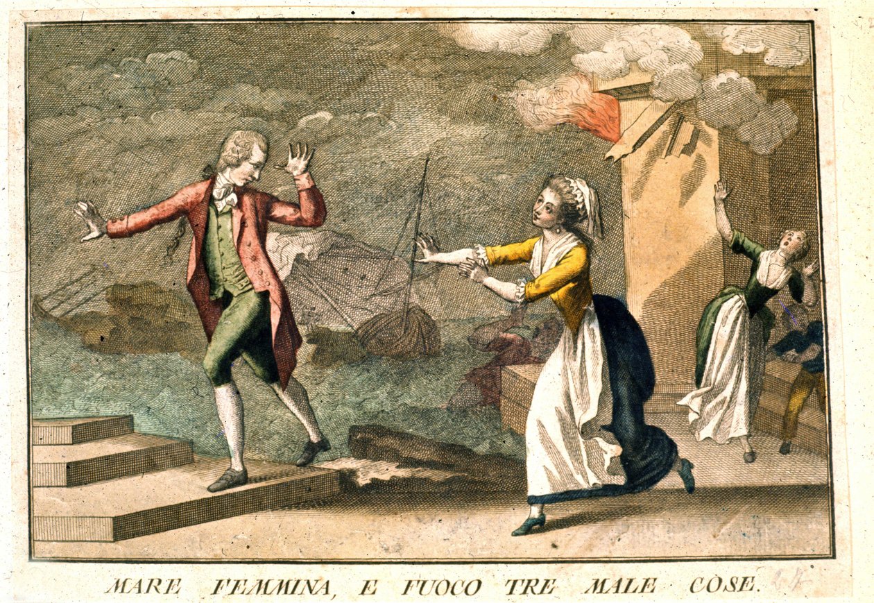 A mondás: „Tenger, nők és tűz: a három gonosz” 18. századi metszet, amely egy sor közmondást illusztrál. Giuseppe Piattoli (1740/50-1818). alkotó: Giuseppe Piattoli