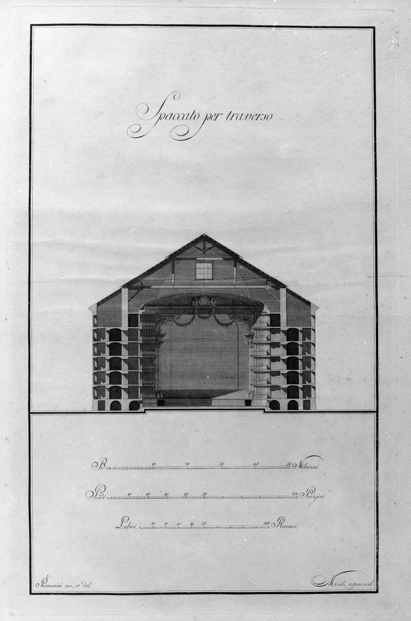 A La Scala Színház építészeti kupája, Giuseppe Piermarini (1734-1808) 1776-1778 körül Milánó, Olaszország (A Theatre alla Scala építészeti rajza, Piermarini, Milánó, Olaszország) Metszet alkotó: Giuseppe Piermarini