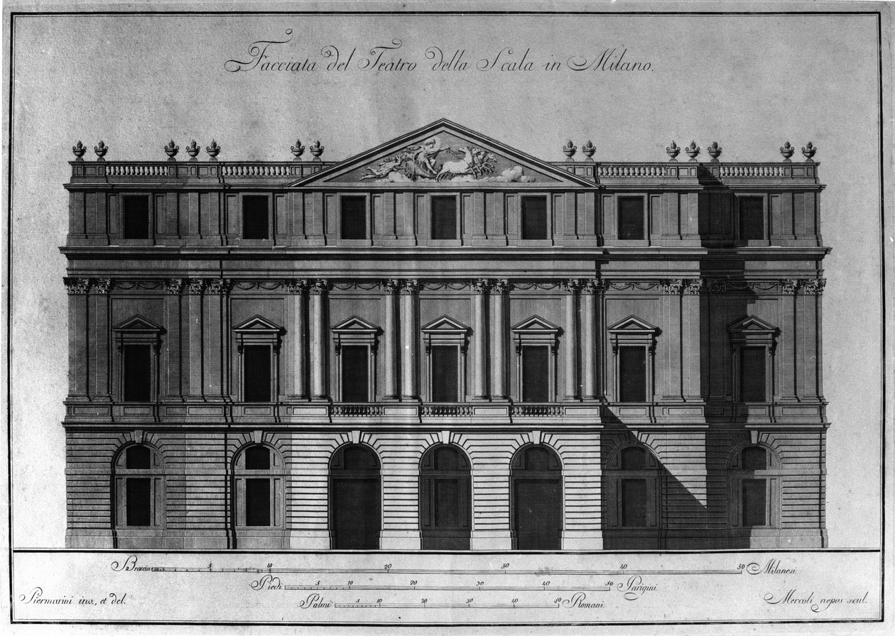 Giuseppe Piermarini (1734-1808) rajza a milánói Teatro alla Scala (Theatre de la Scala) homlokzatának külső építészetéről. alkotó: Giuseppe Piermarini