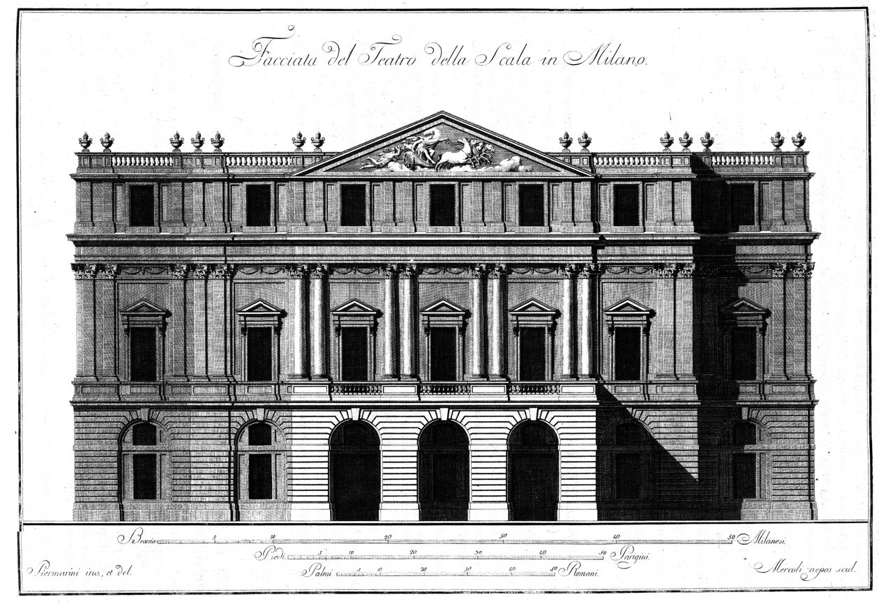 Giuseppe Piermarini (1734-1808) rajza a milánói Teatro alla Scala (Theatre de la Scala) homlokzatának külső építészetéről. alkotó: Giuseppe Piermarini
