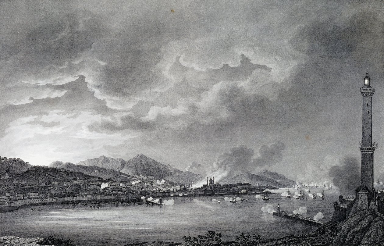 Genovát az angol flotta bombázza, 1800. május 25., acélmetszet Giuseppe Pietro Bagetti (1764-1831) rajzából, Párizs alkotó: Giuseppe Pietro Bagetti
