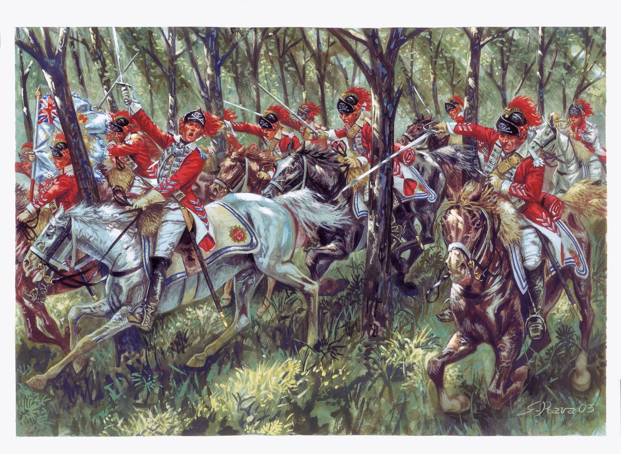Amerikai függetlenségi háború (1775-1783): az amerikai telepesek támadása - Amerikai függetlenségi háború - Illusztráció: Giuseppe Rava alkotó: Giuseppe Rava