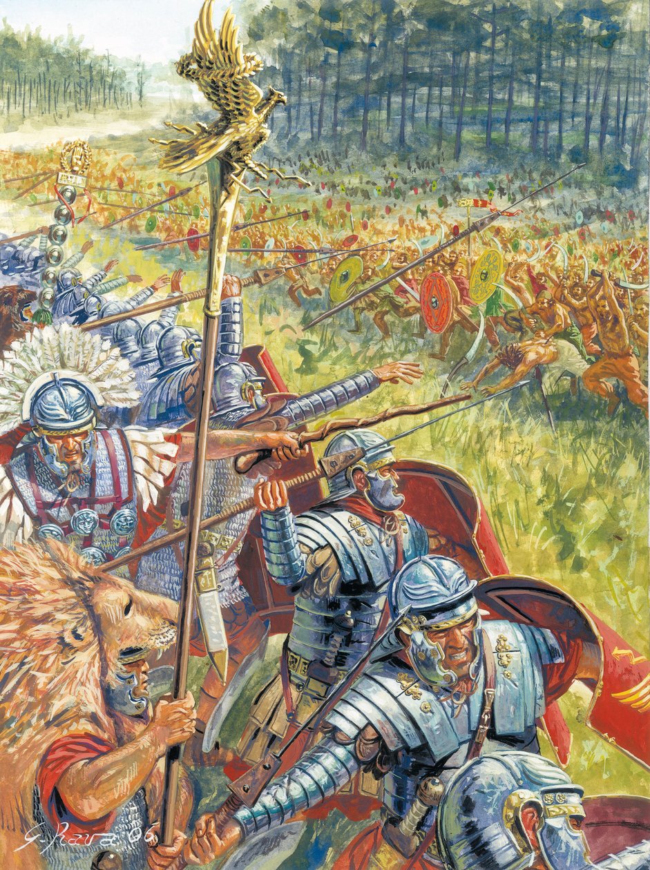 Az ókori Róma: Traianus császár idején, Kr. u. 105 körül - ókori Róma: Traianus római serege a dákok ellen - Illusztráció: Giuseppe Rava alkotó: Giuseppe Rava