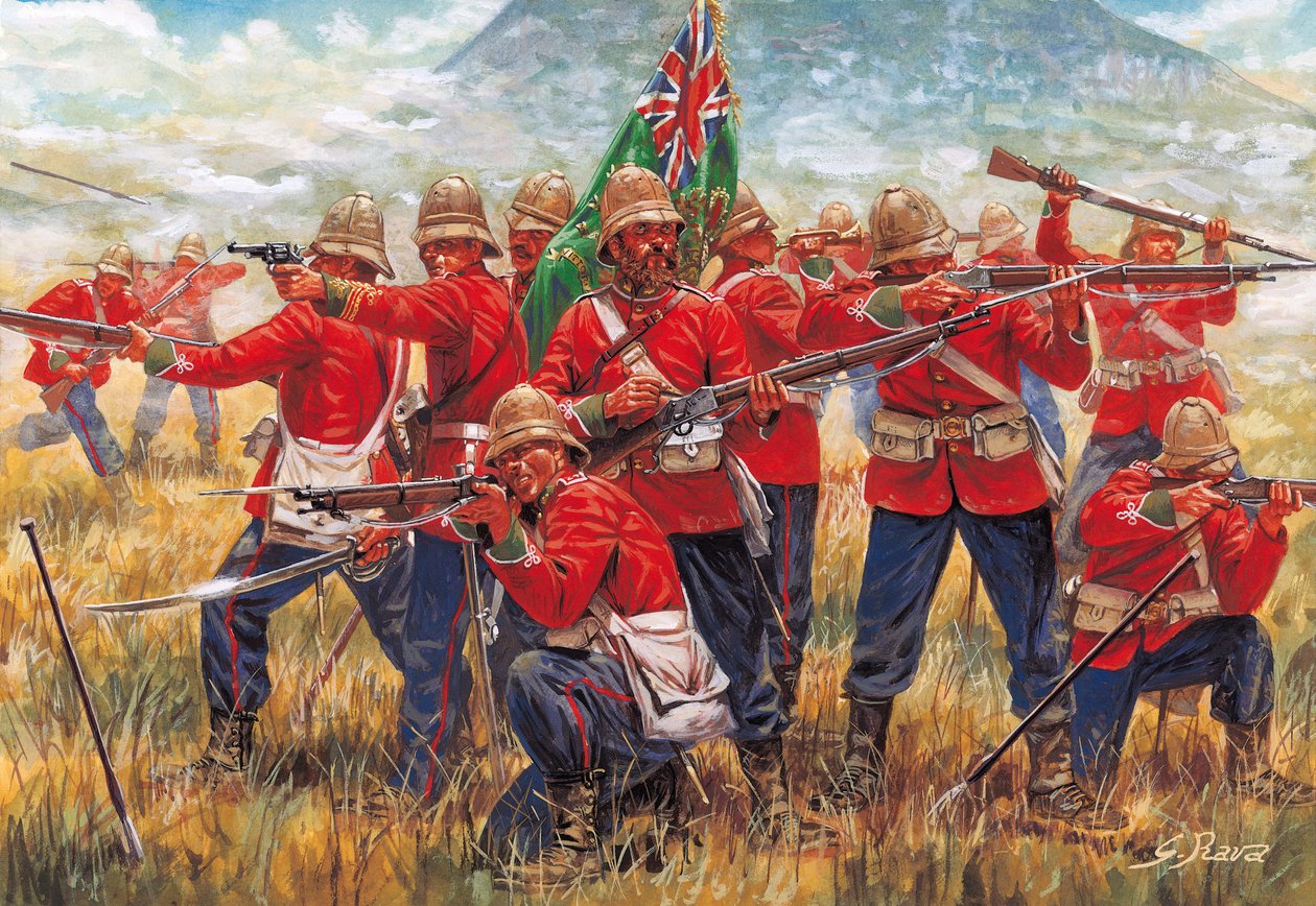 Angol-zulu háború: a brit birodalom katonái az isandhlwanai (Isandlwana vagy Isandula) csatában Dél-Afrikában, 1879. január 22. - Angol-zulu háború: a brit birodalom katonái, az isandlwanai csata 1879. január 22-én - Giuseppe Rava illusztrációja. alkotó: Giuseppe Rava