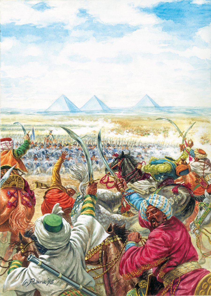 Egyiptomi hadjárat (expedíció) (1798-1801): "A piramisoknál vívott csata 1798. július 21-én - Egyiptomi hadjárat: A piramisoknál vívott csata (Embabehi csata) július 21-én. alkotó: Giuseppe Rava