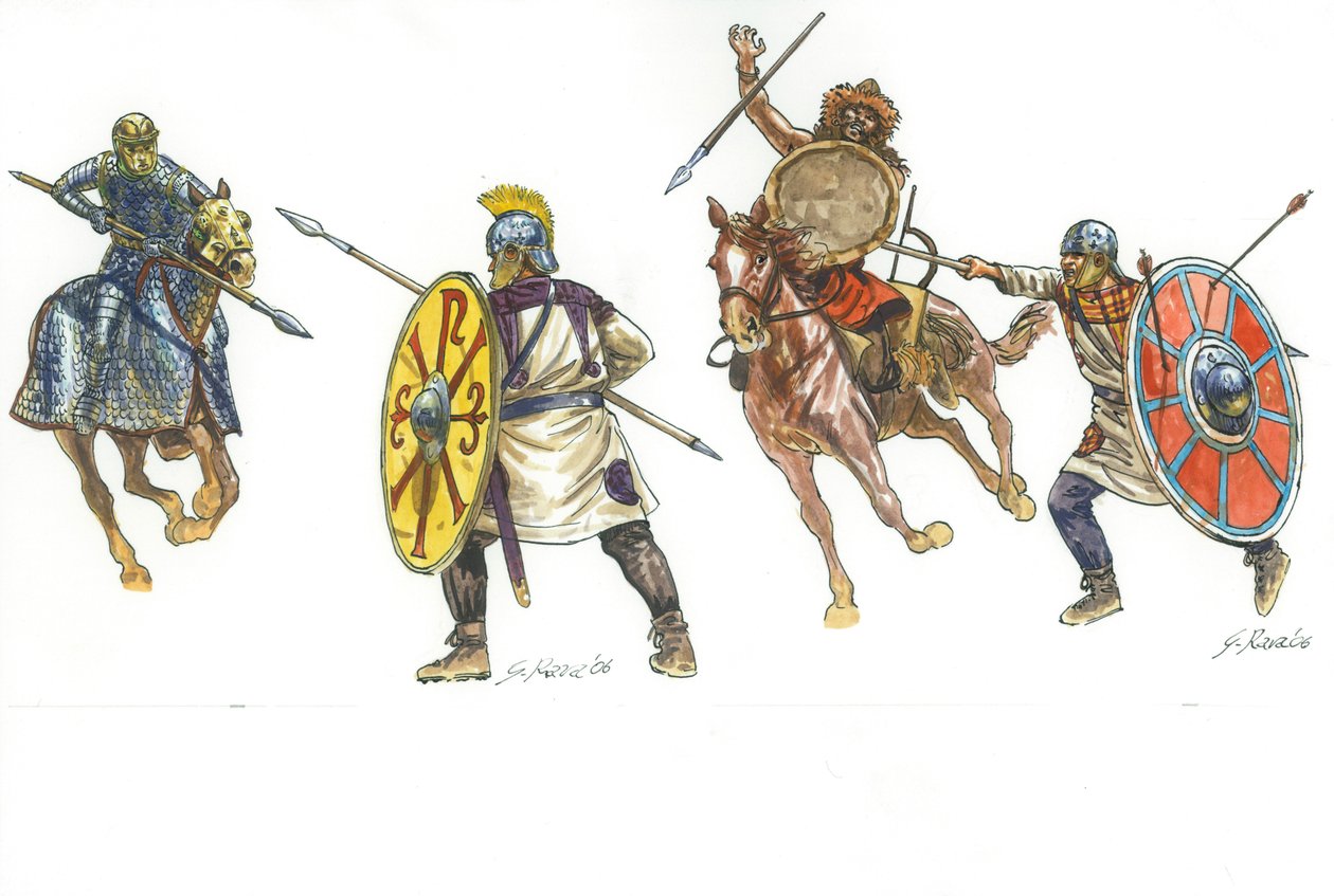 Kataphrakta harc egy regényes légióssal és regényes légiós harc egy hun harcos ellen alkotó: Giuseppe Rava
