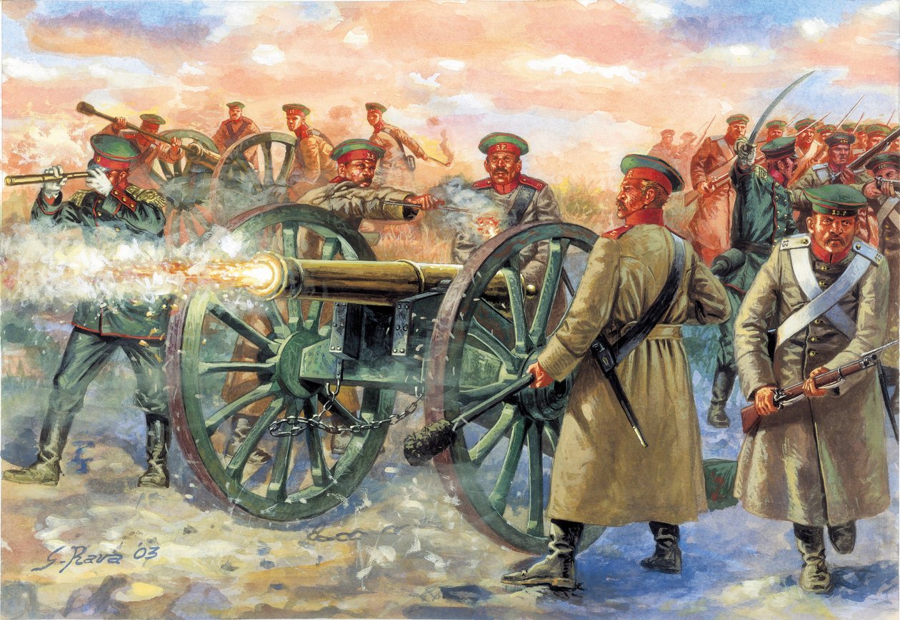 Krími háború: Krími háború: orosz katonák az 1854. október 25-én vívott balaklavai csata során - Illusztráció: Giuseppe Rava alkotó: Giuseppe Rava
