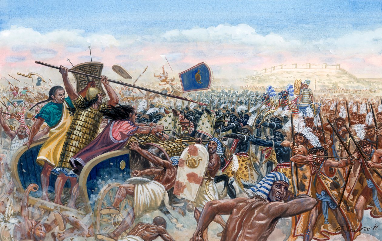 Egyiptomi antikvitás: Mupatalli hettita tankjainak támadása II. Ramszesz egyiptomi serege ellen az i. e. 1274-es kádesi csata során - a Hettita Birodalom hadserege Mutalli II. vezetésével II. Ramszesz fáraó (i. e. 1303- i. e. 1213) serege ellen támad a II. alkotó: Giuseppe Rava