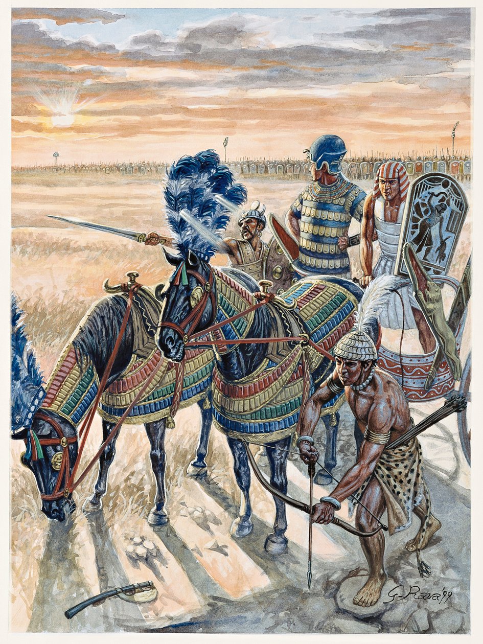 Egyiptomi antikvitás: II Ramszesz fáraó (Kr. e. 1304-1213) és serege - II Ramszesz fáraó (Kr. e. 1303-1213) és serege az ókori Egyiptomban - Illusztráció: Giuseppe Rava alkotó: Giuseppe Rava