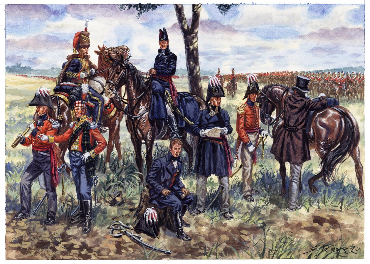 Első birodalom: Wellington herceg vezérkara a waterlooi csatában 1815. június 18-án - Illusztráció: Giuseppe Rava alkotó: Giuseppe Rava