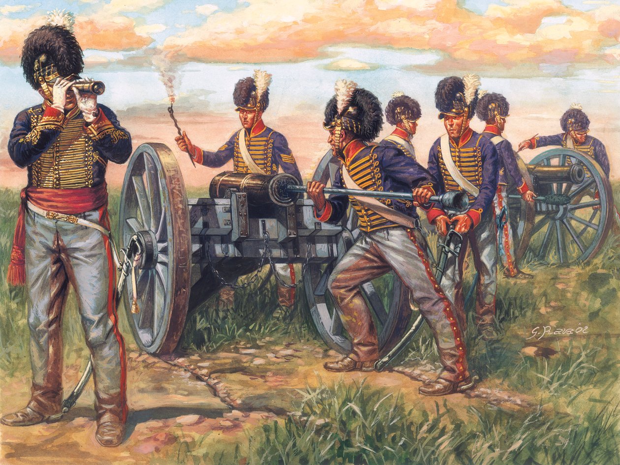 Első birodalom: Az első birodalom: angol tüzérségi katonák ágyút töltenek az 1815-ös waterlooi csatában - Első birodalom: a brit hadsereg katonái ágyút töltenek az 1815-ös waterlooi csatában - Illusztráció: Giuseppe Rava alkotó: Giuseppe Rava