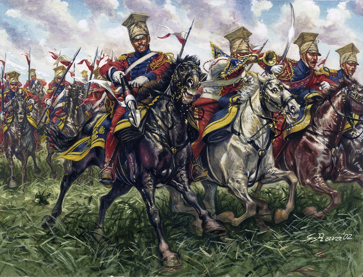 Első birodalom: a császári gárda Vörös Lándzsások vagy Ló-lovas ezrede a waterlooi csatában 18/06/1815 - Első birodalom: a császári gárda 2. könnyűlovas-lovas ezrede (Vörös Lándzsások vagy Vörös Lándzsások) a wa-i csatában alkotó: Giuseppe Rava