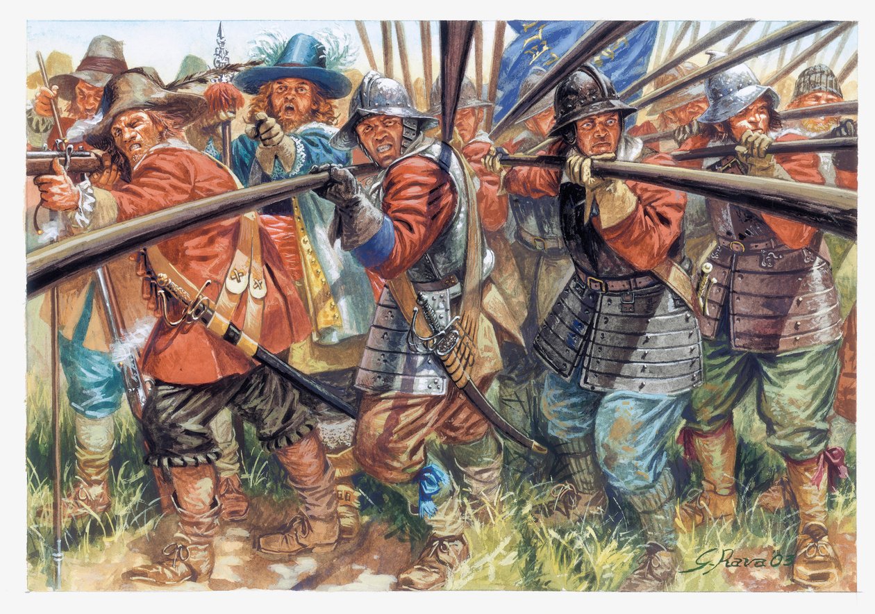 Első angol forradalom (1641-1649): Cromwell új modellhadseregének gyalogosai (1599-1658) - Angol polgárháború: Oliver Cromwell új modellhadseregének lovasai - Illusztráció: Giuseppe Rava alkotó: Giuseppe Rava