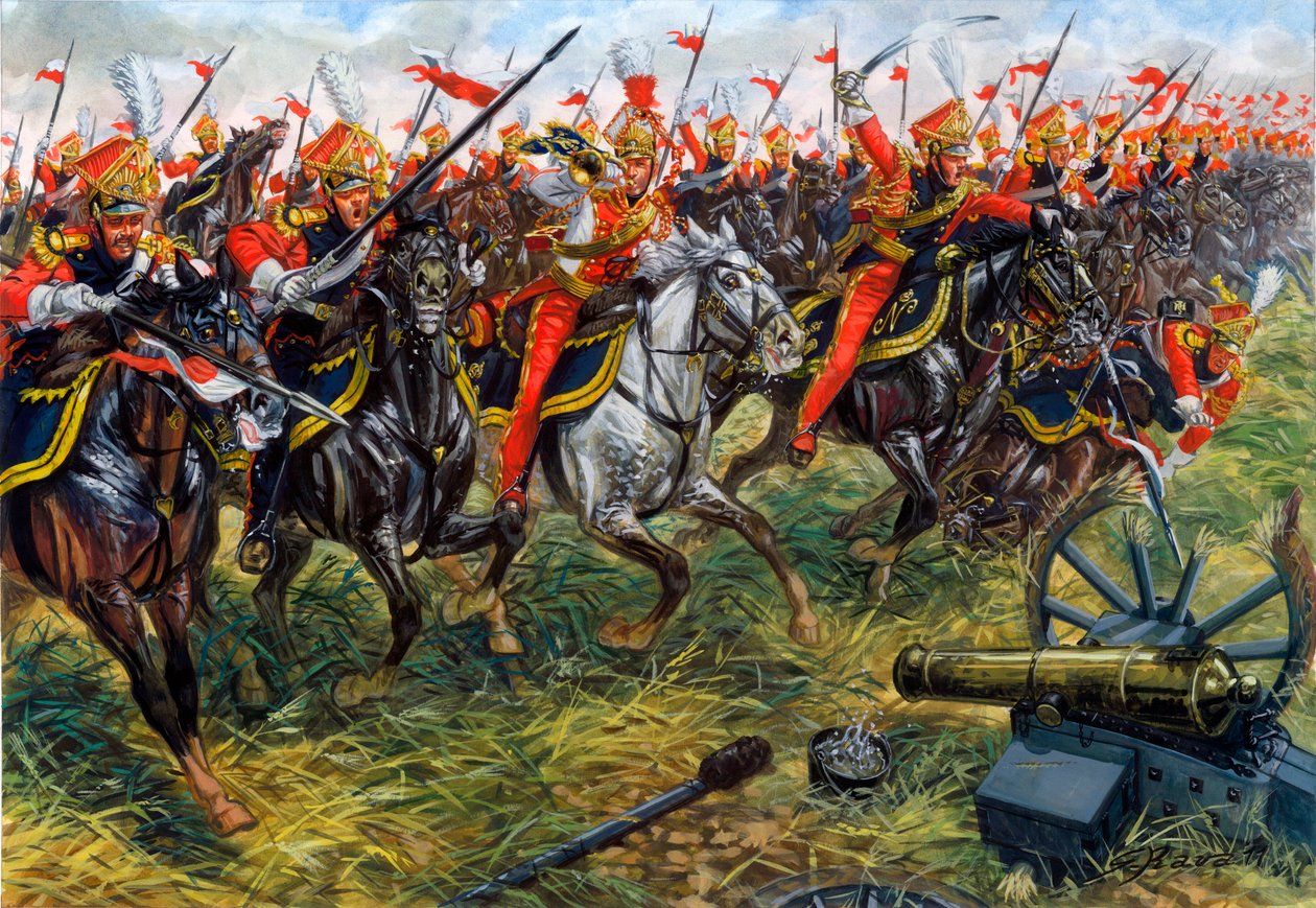 Első birodalom: I. Napóleon császári gárdájának 2. lovaslándzsás ezredének lándzsásai a waterlooi csatában 1815. június 18-án - Első birodalom: I. Napóleon császári gárdájának 2. könnyűlovas-lándzsás ezredének lándzsásai Waterloo-ban 1815. június 18-án - I alkotó: Giuseppe Rava