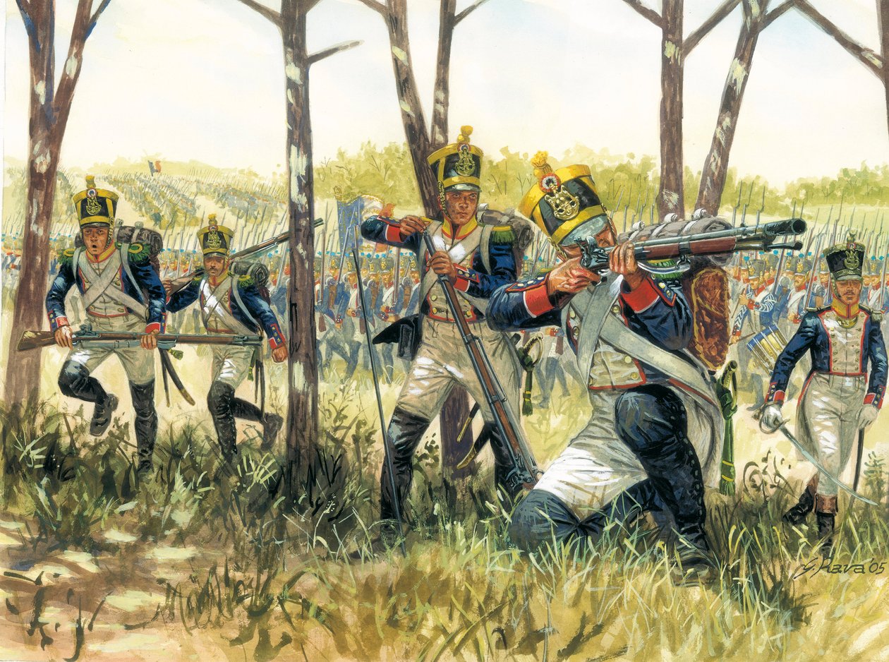 Első birodalom: Voltigeurs - Első birodalom: francia csetepaté voltigeurs - Illusztráció: Giuseppe Rava alkotó: Giuseppe Rava