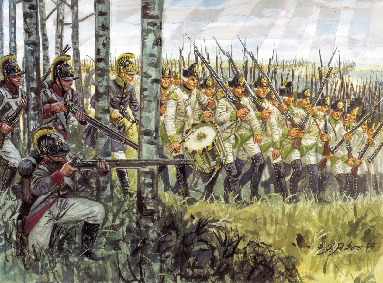 Első birodalom: az osztrák gyalogság katonái előrenyomulva 1798 körül - 1805 - Első birodalom: az osztrák gyalogság katonái menetelnek alkotó: Giuseppe Rava