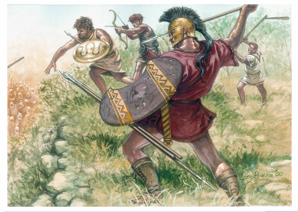 Macedón Királyság: a könnyű gyalogság katonái - Macedónia (ókori királyság): a könnyű gyalogság katonái - Illusztráció: Giuseppe Rava alkotó: Giuseppe Rava
