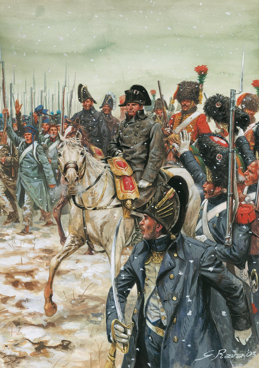 Éljen a császár! I. Napóleon császár (1769-1821) egy ló körülveszi seregét a franciaországi hadjárat során 1814 januárjában" - A hatodik koalíció háborúja, franciaországi csaták, I. Napóleon császár körülvéve seregével a franciaországi hadjárat során - Ill alkotó: Giuseppe Rava
