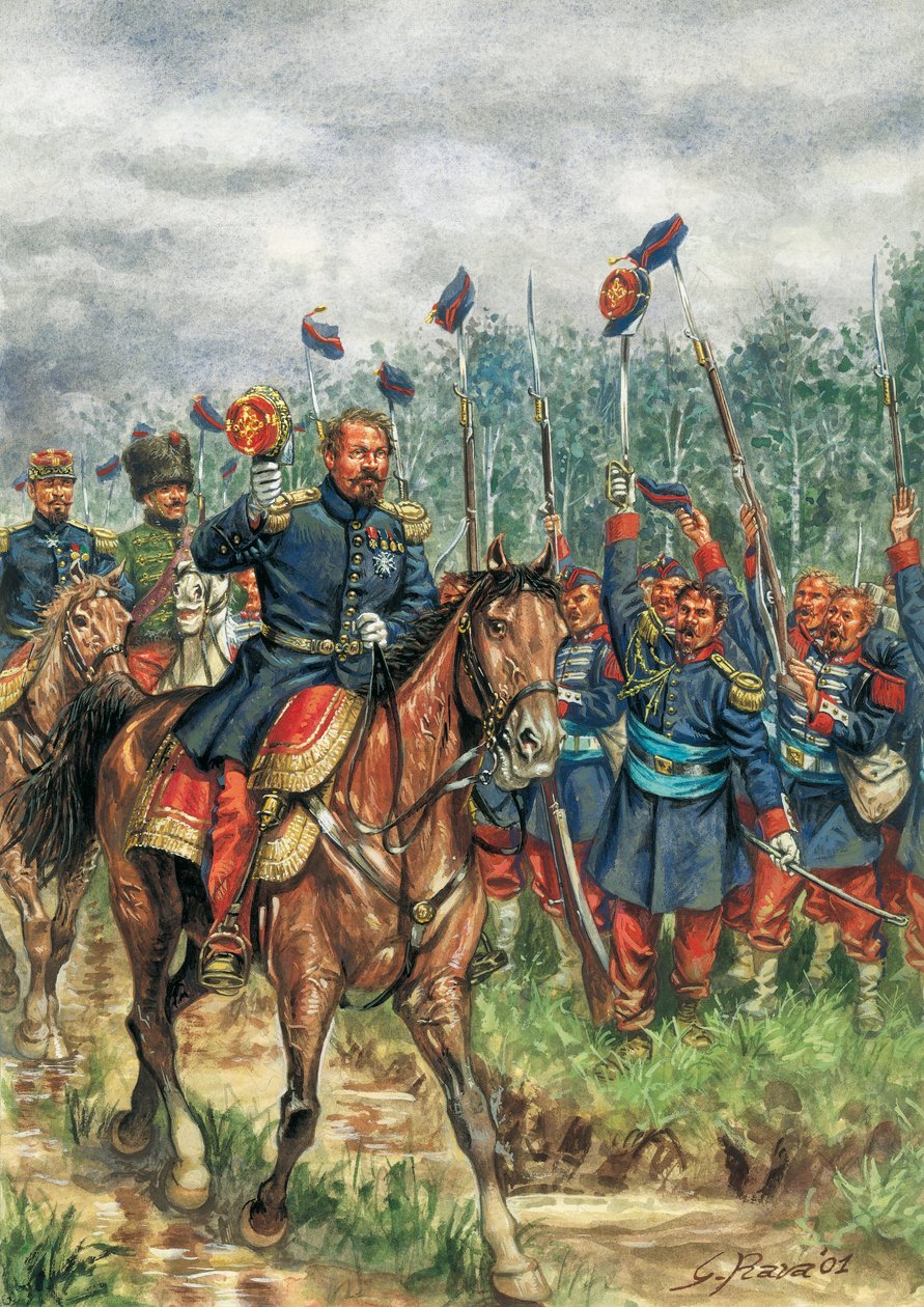 III. Napóleon (1808-1873) egy ló üdvözli seregét (rajz) alkotó: Giuseppe Rava