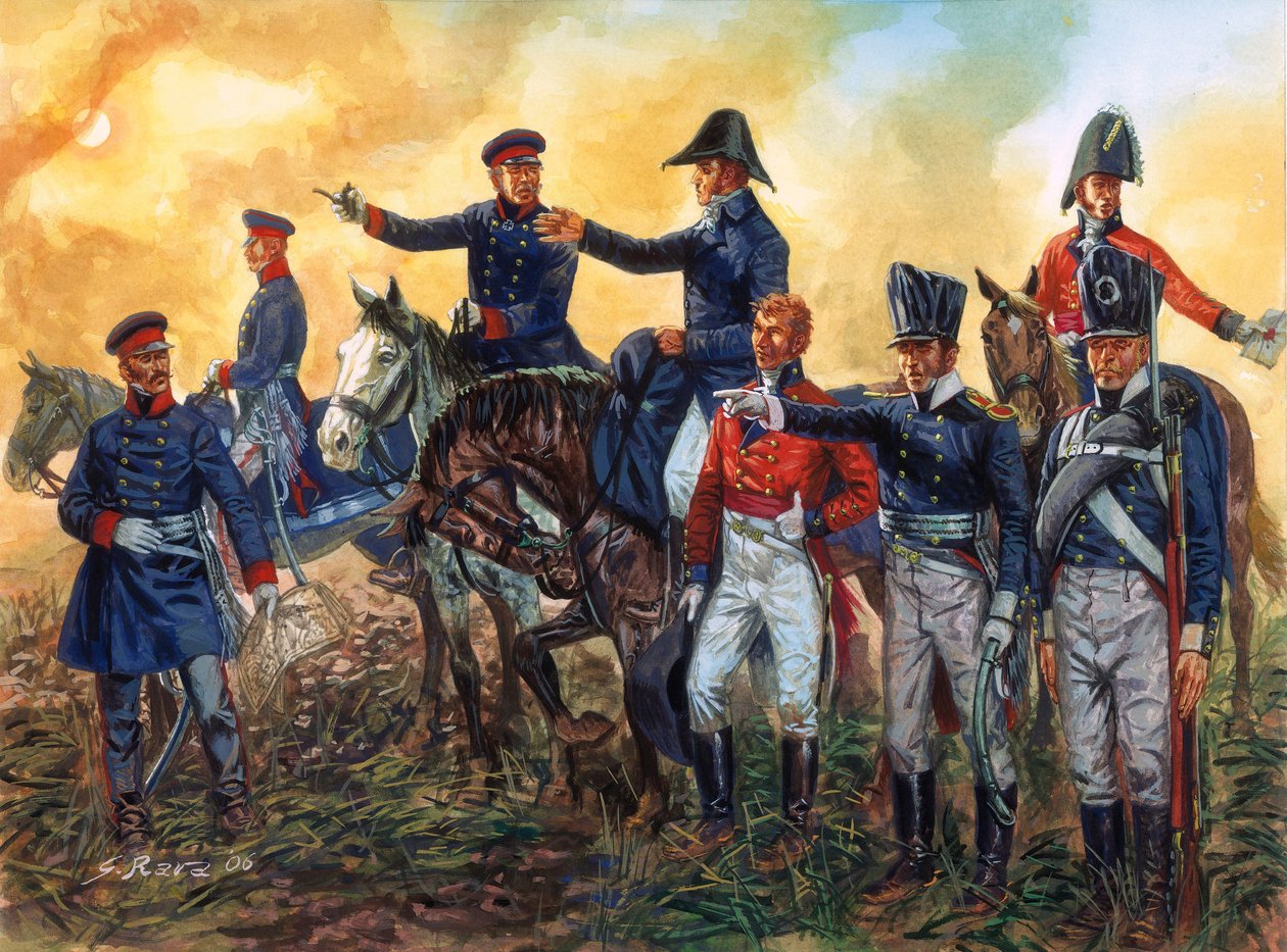 Napóleoni háború: Arthur Wellesley, Wellington hercege (1769-1852) a brit csapatok parancsnoka és Gebhard Leberecht von Blucher (1742-1819) a porosz hadsereg parancsnoka a waterlooi csatában 18/06/1815 - (Napóleoni háborúk: parancsnokok Wellington hercege  alkotó: Giuseppe Rava