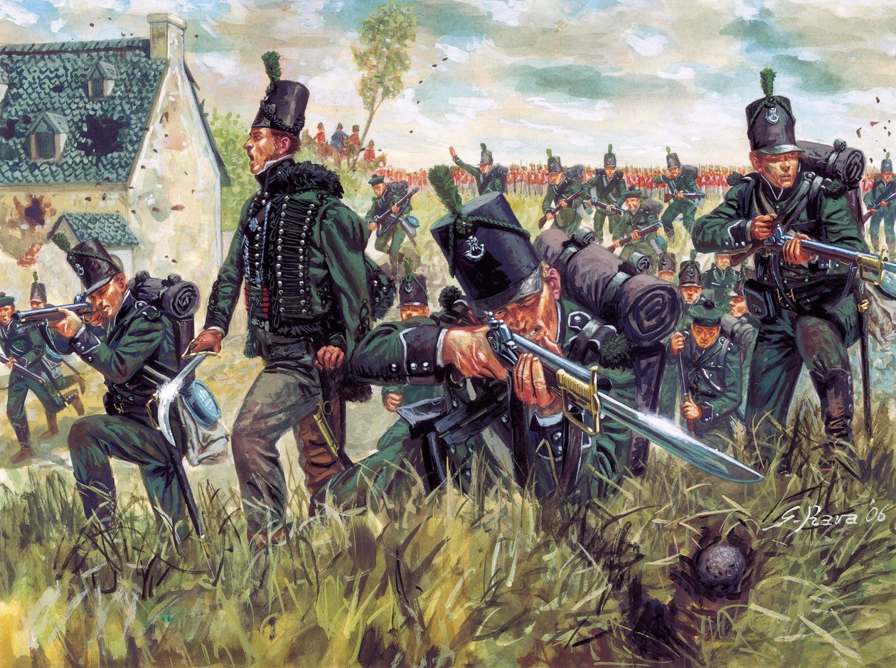 Napóleoni háború: A 95. lövészezred brit lövészei egy homokbányát védenek a waterlooi csatában 18/06/1815 - (Napóleoni háborúk: brit lövészei egy homokbányát védenek a waterlooi csatában 1815. június 18-án) Illusztráció: Giusep alkotó: Giuseppe Rava