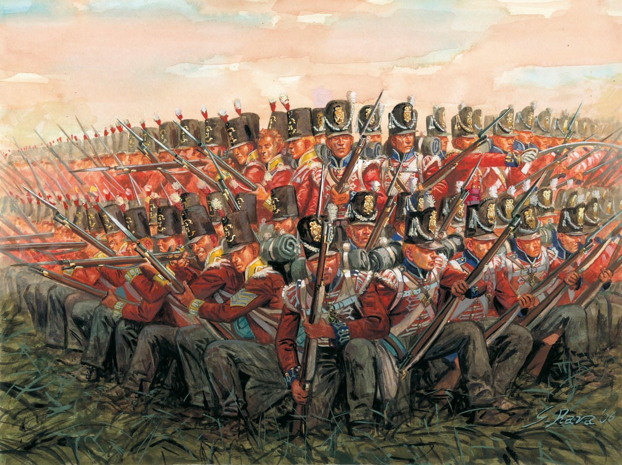 Napóleoni háborúk: angol katonák a waterlooi csatában 1815. június 18. Illusztráció: Giuseppe Rava alkotó: Giuseppe Rava