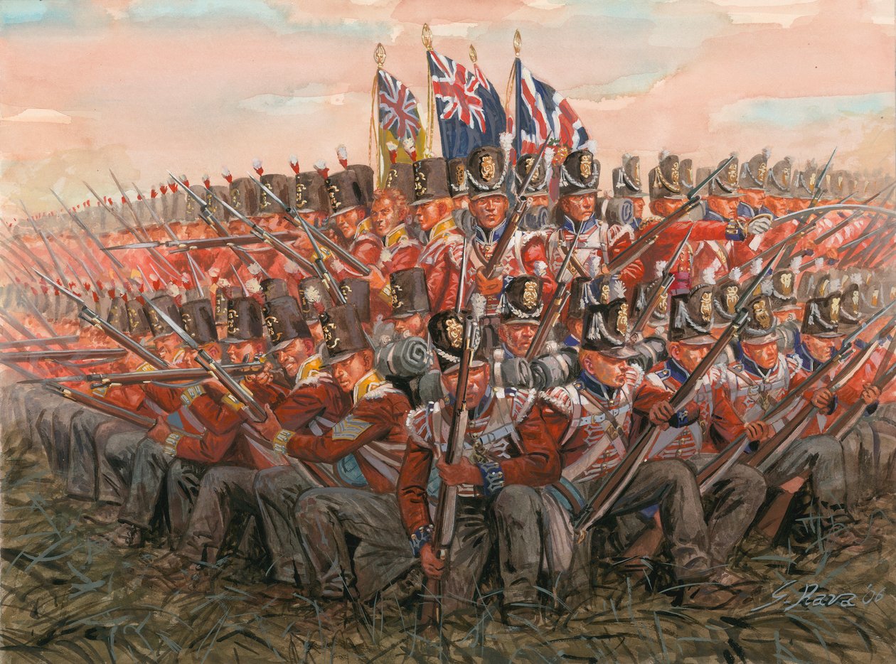 Napóleoni háborúk: angol katonák a waterlooi csatában 1815. június 18. Illusztráció: Giuseppe Rava alkotó: Giuseppe Rava