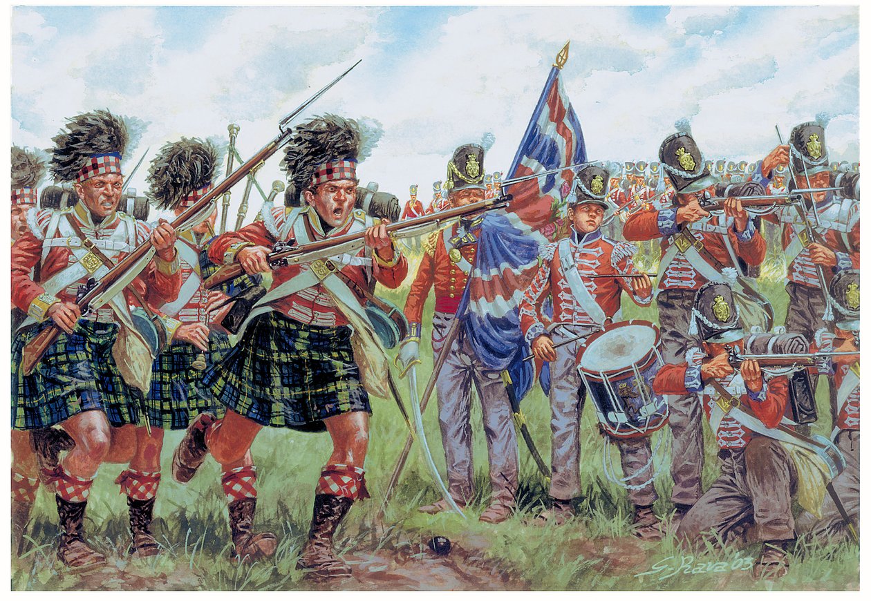 Napóleoni háborúk: skót és brit katonák a waterlooi csatában, 1815. június 18-án Illusztráció: Giuseppe Rava alkotó: Giuseppe Rava