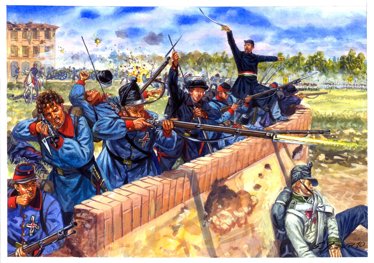 Risorgimento, Első olasz függetlenségi háború, olasz diákok a Curtatone és Montanara csatában, 1848. május 29-én - Első olasz függetlenségi háború, olasz diákok a Curtatone és Montanara csatában, 1848. május 29-én - Illusztráció b alkotó: Giuseppe Rava