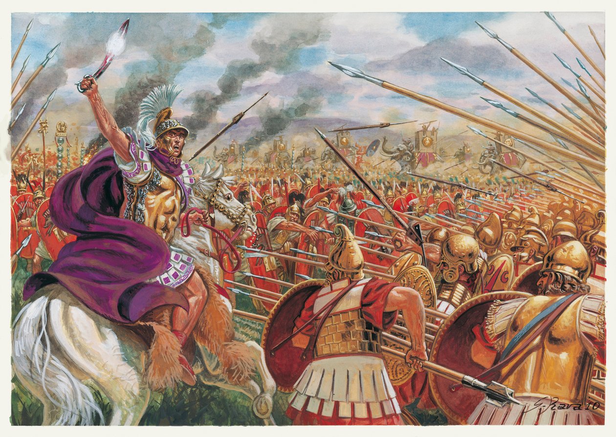 Római antikvitás: az ausculumi csata (Kr. e. 279) a Publius Decius Mus vezette római sereg és az epirei, tarantói, oscusi, szamnita koalíciós csapatok között, I. Pyrrhus epirei király parancsnoksága alatt - az asculumi csata (Kr. e. 279) a rómaiak között. alkotó: Giuseppe Rava
