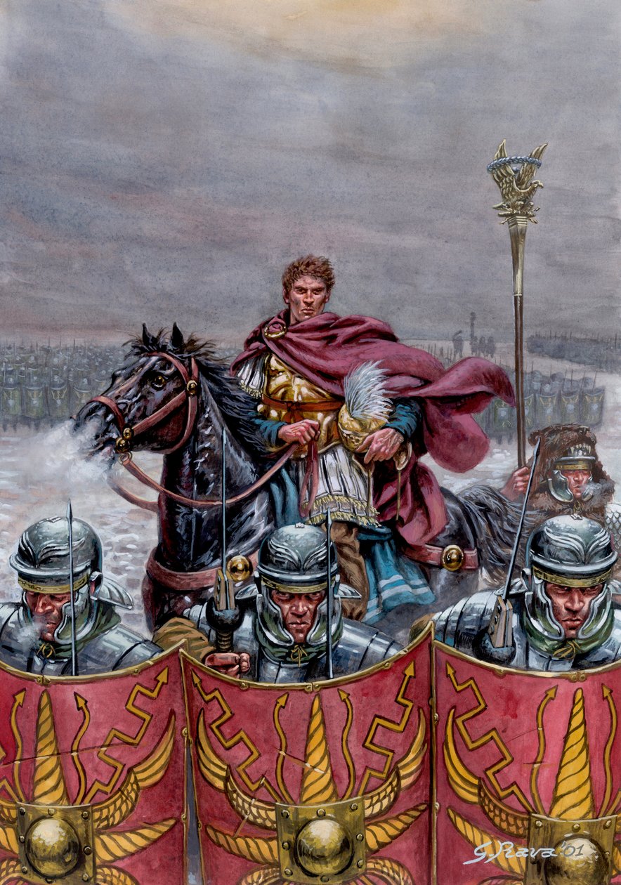 Római antikvitás: Római hadsereg a skóciai Hadrianus fal közelében, Kr. u. 2. század - Illusztráció: Giuseppe Rava alkotó: Giuseppe Rava