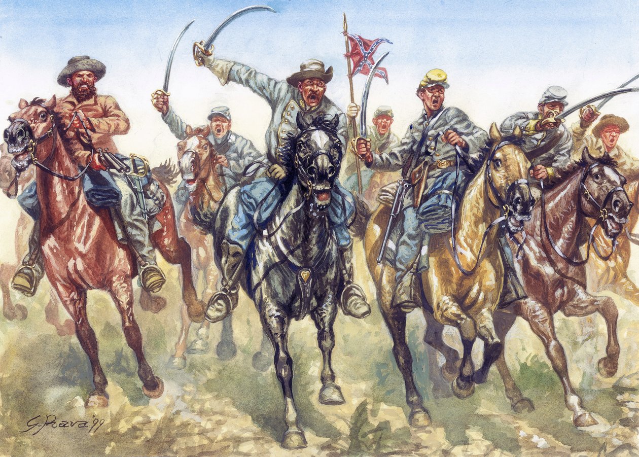 Szecessziós háború (1861-1865) - Amerikai polgárháború: a konföderációs lovasság támad - Giuseppe Rava illusztrációja alkotó: Giuseppe Rava